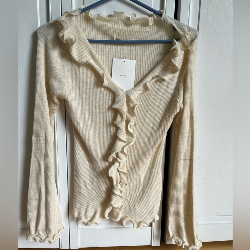 OAK + FORT Cream V-Neck Sweater with Ruffle Detail